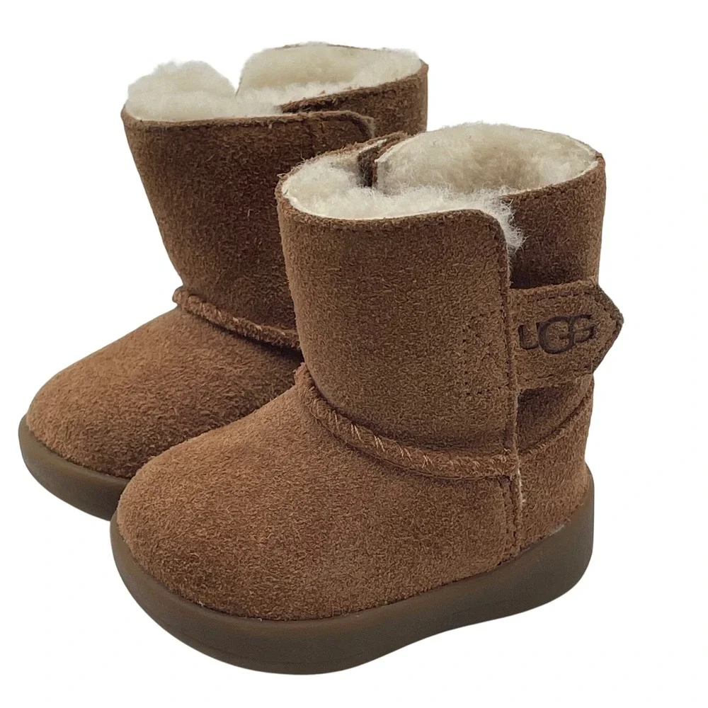 Toddler Baby UGG Boots Brown Suede Sheepskin Fur Lined‎ Hook Loop Size 01